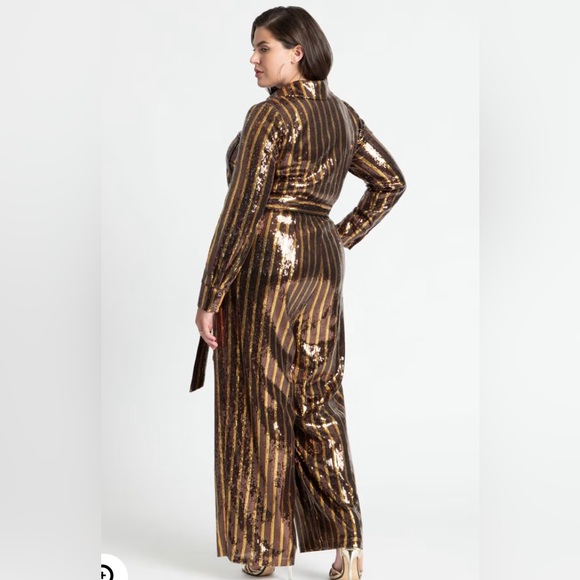 Eloquii Brown and Green Jumpsuit with Wrap-Style Top - Picture 2 of 13